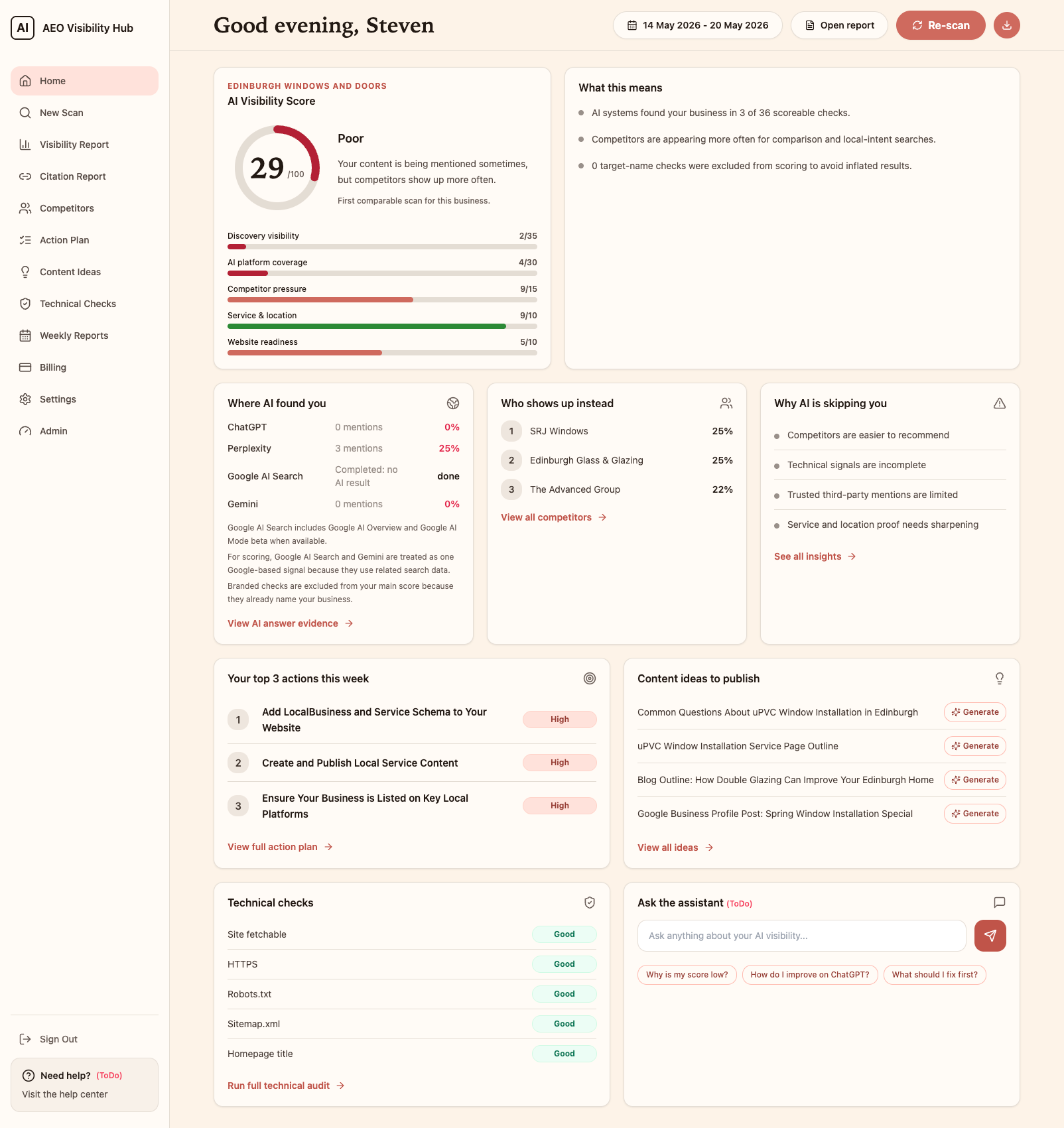 AEO Visibility Hub dashboard with AI visibility score and competitor view