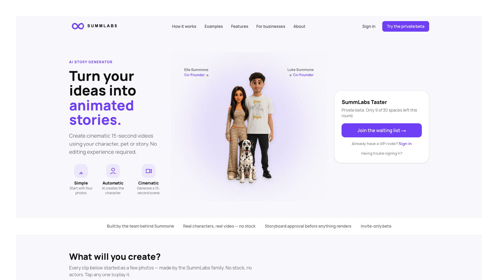 SummLabs.io landing page, the AI story generator