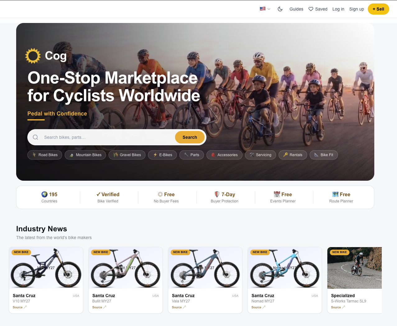 Cog marketplace homepage — one-stop marketplace for cyclists worldwide